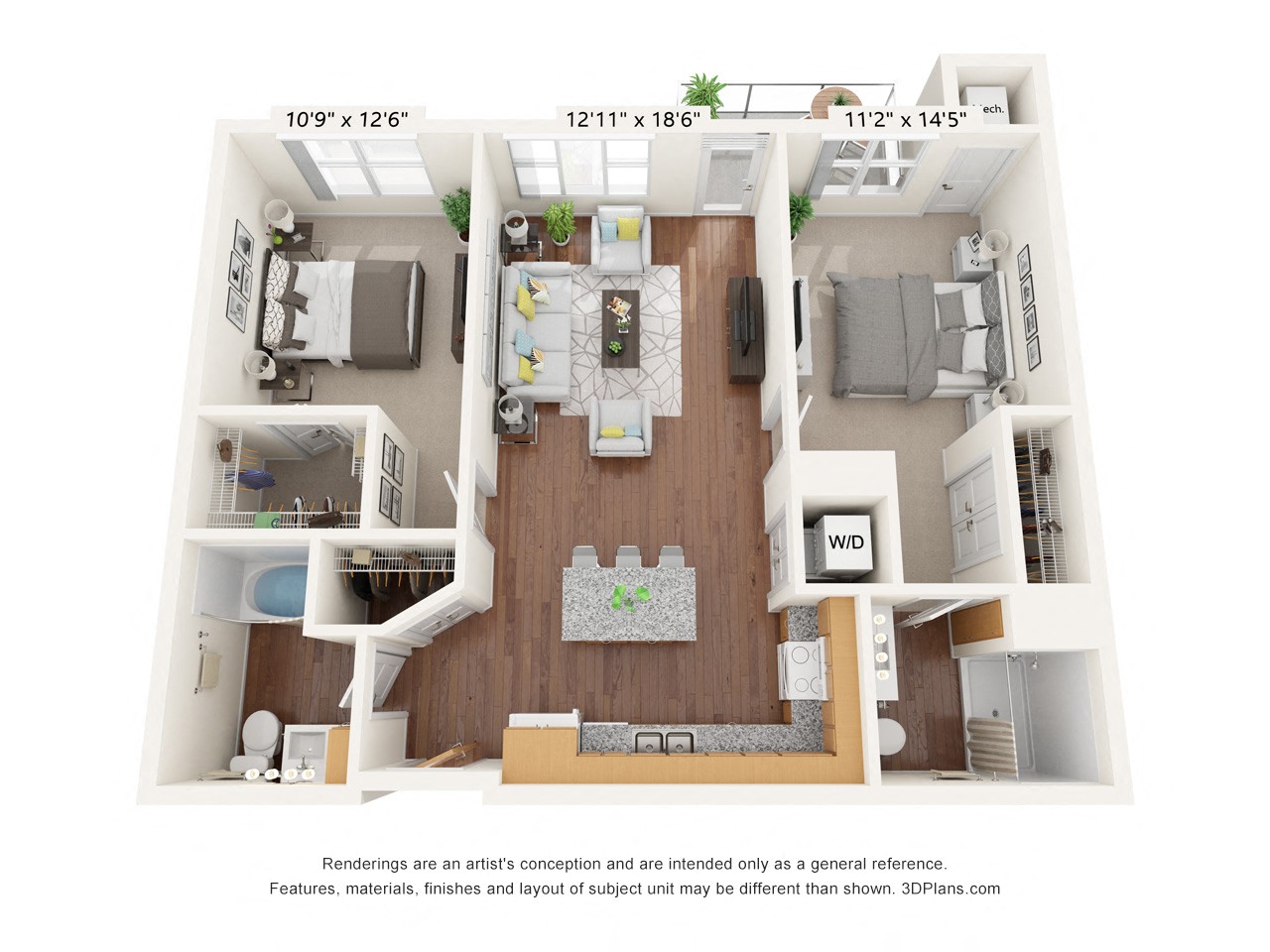 Floor plan for 2 beds, 2 baths, 1050 sqft